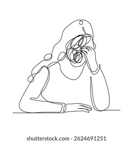 Continuous line sketch drawing art of stress confusing people because any problem. Vector illustration single line editable stroke of business woman mess feeling with round scribbles instead of a head