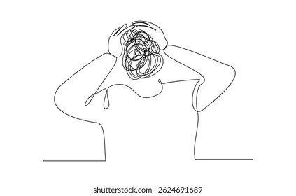 Continuous line sketch drawing art of stress confusing people because any problem. Vector illustration single line editable stroke of business man mess feeling with round scribbles instead of a head