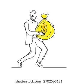 Continuous line sketch drawing art of business man with big money bag. Vector illustration editable stroke line of bank savings dollar money	