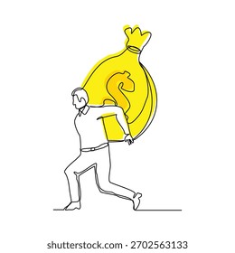 Continuous line sketch drawing art of business man with big money bag. Vector illustration editable stroke line of bank savings dollar money	