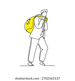 Continuous line sketch drawing art of business man with big money bag. Vector illustration editable stroke line of bank savings dollar money	