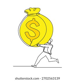 Dibujo de boceto de línea continua arte de hombre de negocios con bolsa de dinero grande. Ilustración vectorial editable línea de golpe de ahorros bancarios dinero en dólares	
