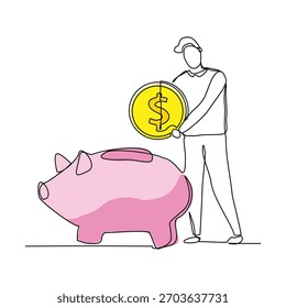 Dibujo de boceto de línea continua arte de hombre de negocios con moneda de dinero grande. Ilustración vectorial de una sola línea editable golpe de pérdida de monedas de dólar dinero