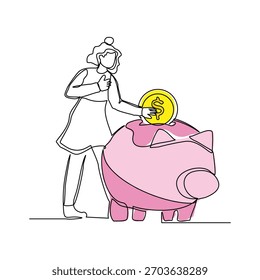 Dibujo de boceto de línea continua arte de mujer de negocios con moneda de dinero grande. Ilustración vectorial de una sola línea editable golpe de pérdida de monedas de dólar dinero
