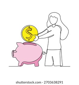 Dibujo de boceto de línea continua arte de mujer de negocios con moneda de dinero grande. Ilustración vectorial de una sola línea editable golpe de pérdida de monedas de dólar dinero