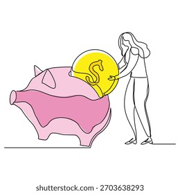 Desenho de linha contínua desenho arte de mulher de negócios com moeda de grande dinheiro. Ilustração vetorial linha única editável traço de perda moedas de dólar dinheiro