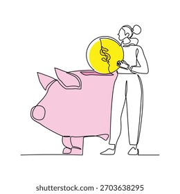 Dibujo de boceto de línea continua arte de mujer de negocios con moneda de dinero grande. Ilustración vectorial de una sola línea editable golpe de pérdida de monedas de dólar dinero