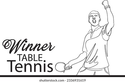 continuous line sketch drawing cartoon illustration of Table tennis playing celebrating his win in final match, Table tennis player logo