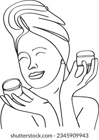 Zeichenkartoon mit kontinuierlicher Linie, die das Modeweibmodell veranschaulicht, das eine Beauty-Creme für Werbekampagne hält