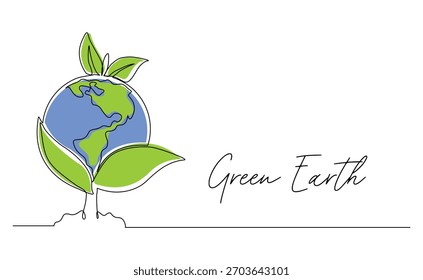 Continuous line sketch drawing of the earth covered with plants green nature save earth. Single line art of earth day concept vector illustration editable stroke