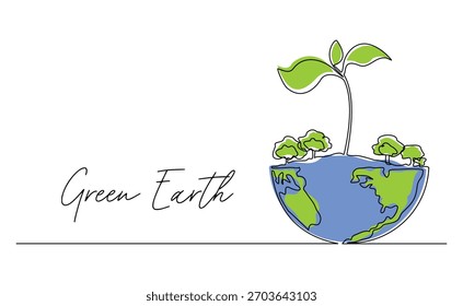 Continuous line sketch drawing of the earth covered with plants green nature save earth. Single line art of earth day concept vector illustration editable stroke