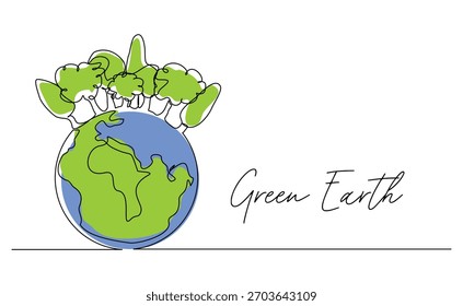 Continuous line sketch drawing of the earth covered with plants green nature save earth. Single line art of earth day concept vector illustration editable stroke
