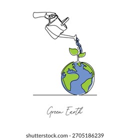Continuous line sketch drawing of the earth covered with plants is watered using a watering can. Single line art of earth day save green concept vector illustration editable stroke