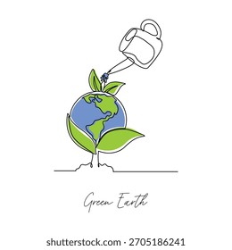 Continuous line sketch drawing of the earth covered with plants is watered using a watering can. Single line art of earth day save green concept vector illustration editable stroke