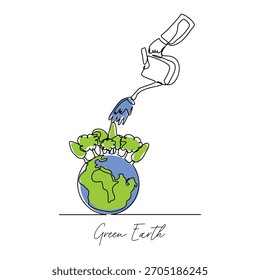 Continuous line sketch drawing of the earth covered with plants is watered using a watering can. Single line art of earth day save green concept vector illustration editable stroke