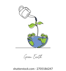 Continuous line sketch drawing of the earth covered with plants is watered using a watering can. Single line art of earth day save green concept vector illustration editable stroke