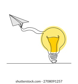Desenho de esboço de linha contínua da lâmpada elétrica e do plano de papel. Traço editável de ilustração de vetor de ideia de negócios de inicialização