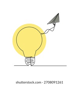 Dibujo de boceto de línea continua de bombilla y plano de papel. Arte de línea única de la idea de negocio de inicio Ilustración vectorial editable golpe