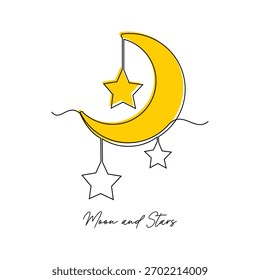 Dibujo de boceto de línea continua de la luna creciente y la estrella ramadhan kareem ied mubarak Ilustración vectorial de arte de línea de trazo editable islámico