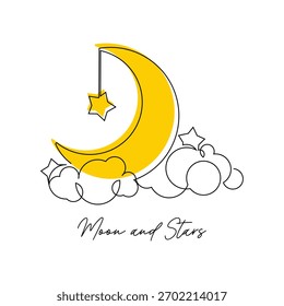 Dibujo de boceto de línea continua de la luna creciente y la estrella ramadhan kareem ied mubarak Ilustración vectorial de arte de línea de trazo editable islámico