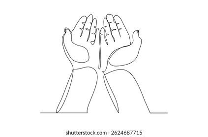 Desenho de esboço de linha contínua da palma da mão de islâmica rezando por ramadã e mubarak içado. Ilustração editável do vetor de traçado.