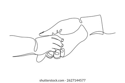 Continuous line sketch drawing of parent giving hand to his child. Parental care concept vector illustration