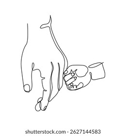 Continuous line sketch drawing of parent giving hand to his child. Parental care concept vector illustration