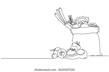 Continuous line sketch drawing of shopping grocery paper bag full of fresh fruit and vegetable. One line drawing of healthy food lifestyle. Vector illustration editable stroke