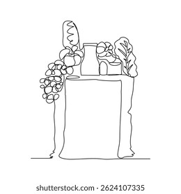 Desenho de esboço de linha contínua de compras saco de papel de supermercado cheio de frutas e vegetais frescos. Um desenho de linha do estilo de vida de alimentos saudáveis. Traçado editável de ilustração vetorial