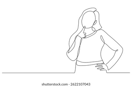 Desenho de esboço de linha contínua da mulher pensante. Uma linha de arte da mulher de negócios pensando ideia. Traçado editável de ilustração vetorial
