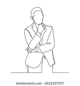 Continuous line sketch drawing of thinking man. One line art of business woman thinking idea. Vector illustration editable stroke