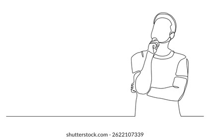 Croquis en ligne continue de l'homme pensant. Une ligne d'art de femme d'affaires pensée idée. trait modifiable par Illustration vectorielle