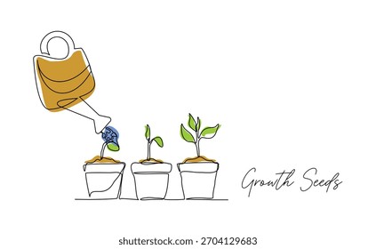 Continuous line sketch drawing of watering can plant tree seedling growth. Single line art of nature agriculture farming economy growing vector illustration editable stroke
