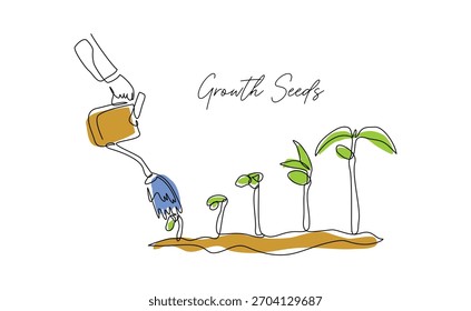 Continuous line sketch drawing of watering can plant tree seedling growth. Single line art of nature agriculture farming economy growing vector illustration editable stroke