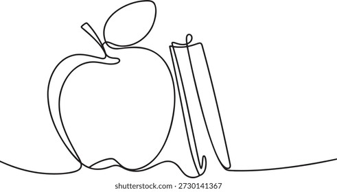 Esboço de linha contínua com fruta de maçã fresca com caule e um pau de canela que acompanha. Minimalista um elemento de desenho de linha.
