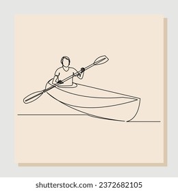 Continuous line sketch hand drawn drawing art of woman rowing canoe. Vector illustration single one line of sport woman paddle kayak.