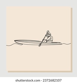 Continuous line sketch hand drawn drawing art of woman rowing canoe. Vector illustration single one line of sport woman paddle kayak.