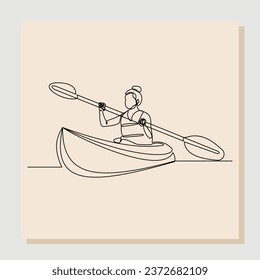 Continuous line sketch hand drawn drawing art of woman rowing canoe. Vector illustration single one line of sport woman paddle kayak.