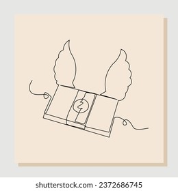 Continuous line sketch hand drawn drawing art of money paper flying with wings. Vector illustration single one line of loss dollar banknote money