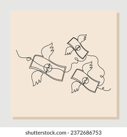 Continuous line sketch hand drawn drawing art of money paper flying with wings. Vector illustration single one line of loss dollar banknote money