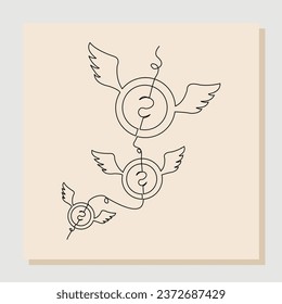 Continuous line sketch hand drawn drawing art of money coin flying with wings. Vector illustration single one line of loss dollar banknote money