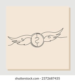 Continuous line sketch hand drawn drawing art of money coin flying with wings. Vector illustration single one line of loss dollar banknote money