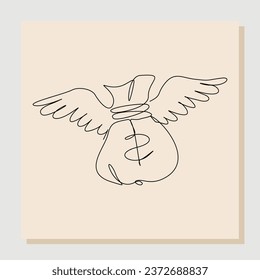 Continuous line sketch hand drawn drawing art of money bag flying with wings. Vector illustration single one line of loss dollar banknote money