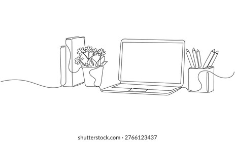 Continuous Line Sketch of Organized Desktop Environment, Remote work setup
