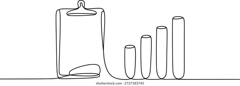 Un boceto de línea continua que presenta un Portapapeles junto a un gráfico de barras con tres columnas que aumentan progresivamente de altura con tapas redondeadas.