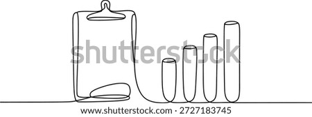 A continuous line sketch presenting a clipboard alongside a bar graph featuring three columns that progressively increase in height with rounded tops.