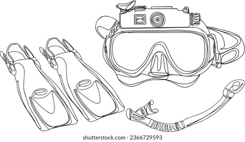 Continuous Line Sketch of Underwater Scuba Diving Tools - Hand-Drawn Clipart, Underwater Diving Gear Sketch Drawing - Cartoon Clip Art, One Line Cartoon of Scuba Diving Equipment - Digital Camera