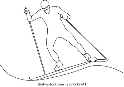 Continuous line of skiing and snowboarding.Illustration shows a athlete performs a jump from a springboard to ski. Ski jumping. Vector illustration