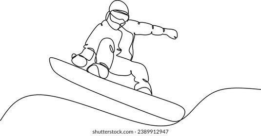 Continuous line of skiing and snowboarding.Illustration shows a athlete performs a jump from a springboard to ski. Ski jumping. Vector illustration