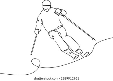 Continuous line of skiing and snowboarding.Illustration shows a athlete performs a jump from a springboard to ski. Ski jumping. Vector illustration